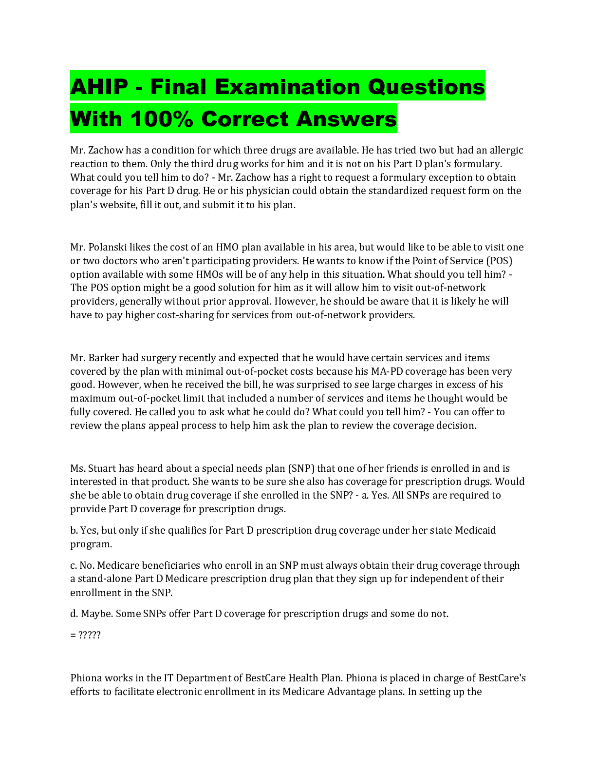 Ahip final examination questions with 100 correct answers